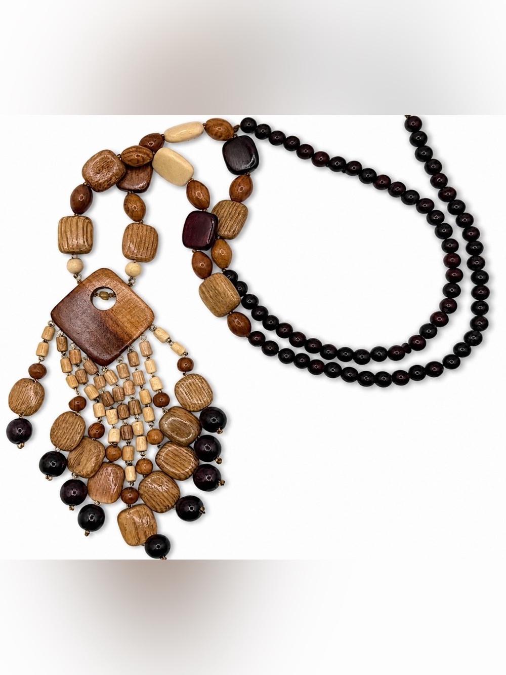 Hand Crafted Brown & Dark Brown Multi-Strand Wood Pendant Necklace